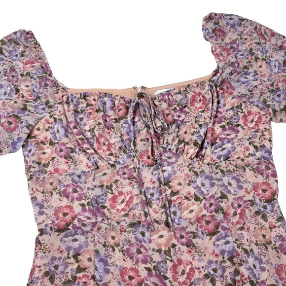 ASTR the Label Bow Tie Ruffle Midi Dress SZ M Pink Purple Floral Milkmaid - Picture 9 of 14